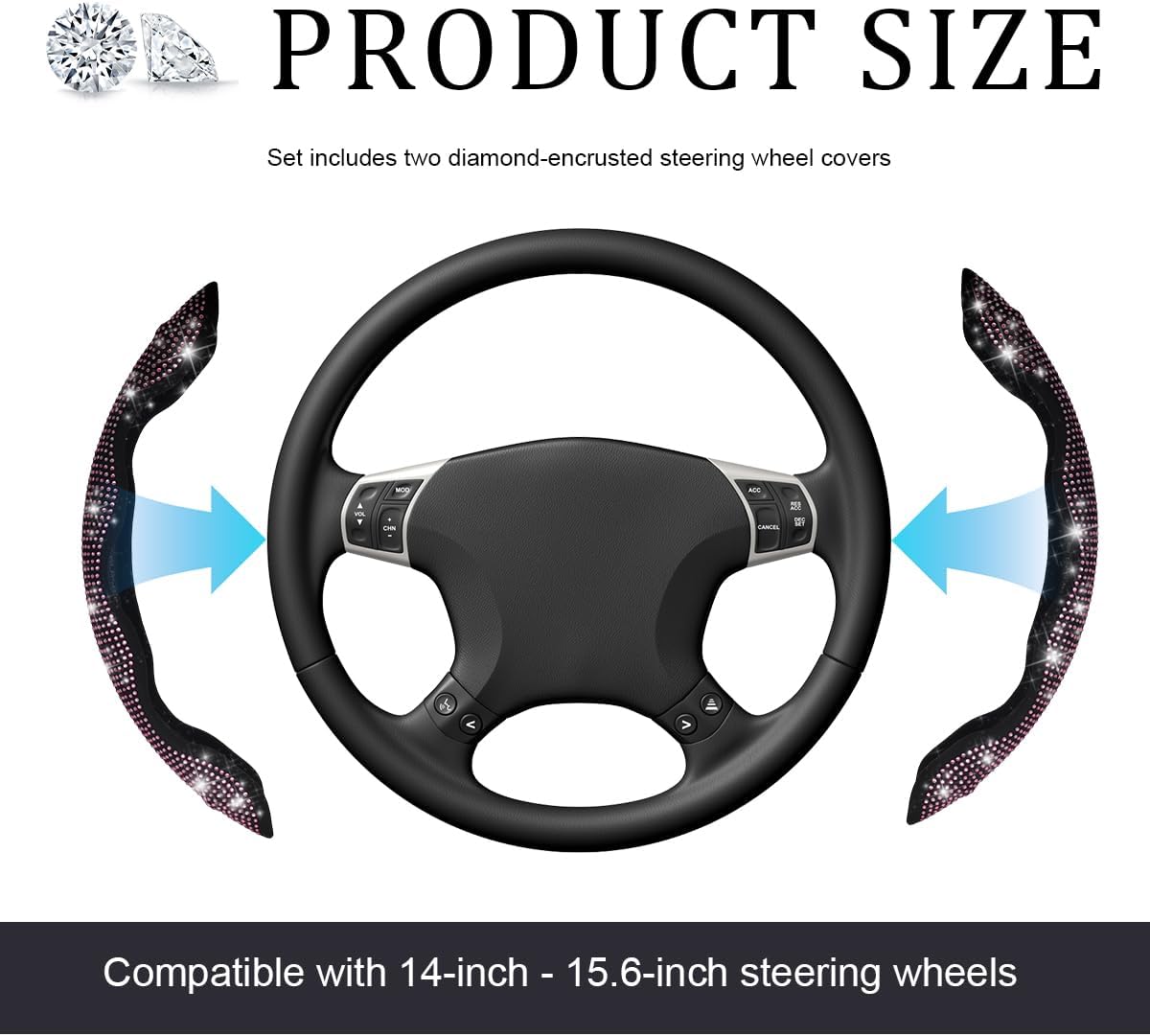 Yourkar 2 PCS Steering Wheel Cover, 15 Inches Crystal Diamond Bling Cover for Auto Steering Wheels, Safety Non-Slip Universal Fit Sparkly Steering Wheel Cover, Car Accessories (Pink)