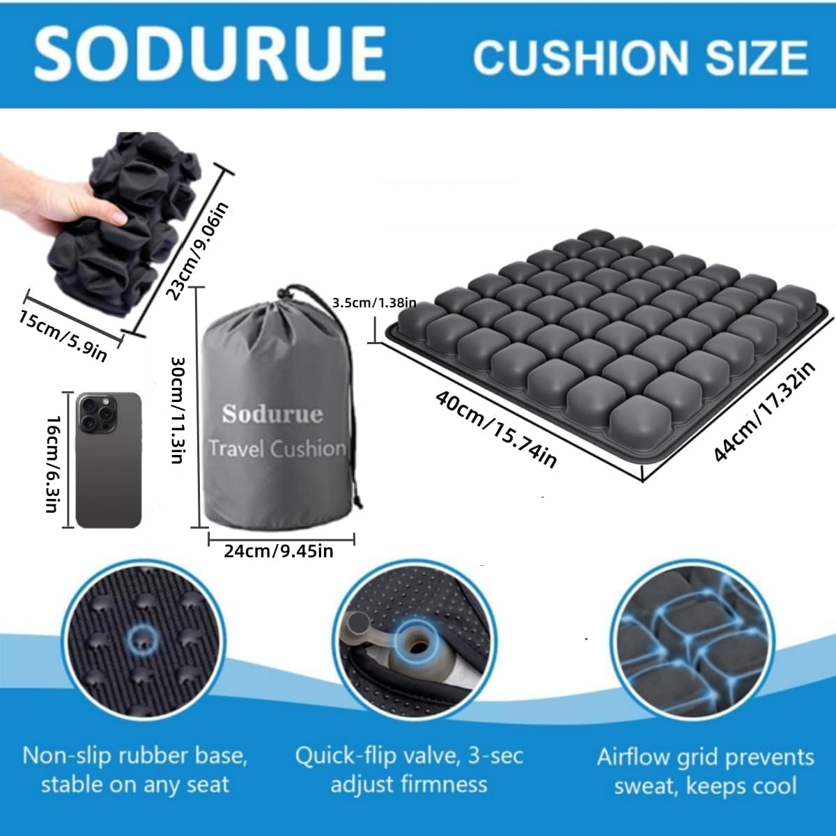 Sodurue Travel Cushion Airplane Seat,Airplane Seat Cushion for Long Flights,Press Type Air Inflatable Wheelchair Seat Cushion,49 Airbags,for Car,Office,Stadium,Ergonomic Comfort Support,Heavy Duty