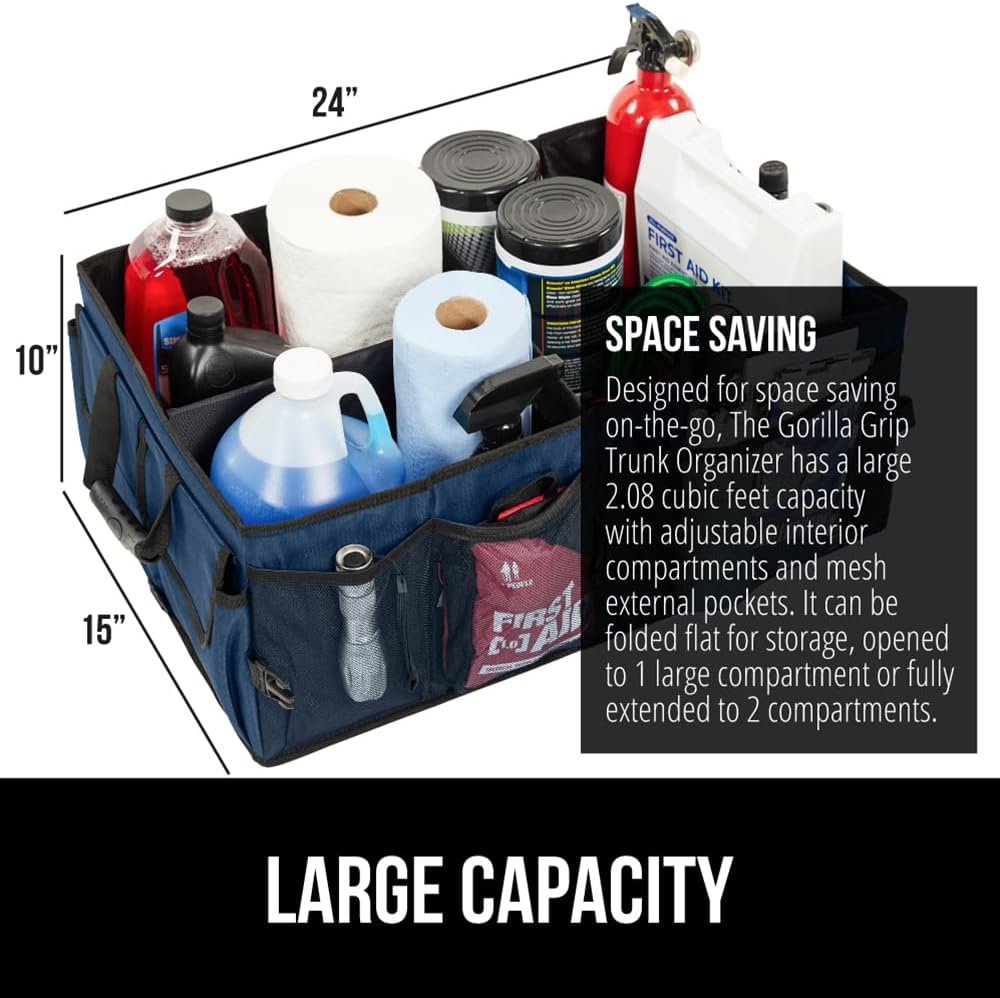 GORILLA GRIP Trunk Organizer for SUV and Cars, Large Capacity Collapsible Car Trunk Storage Organizer, Heavy Duty Car Accessories, Gifts for Mom and Dad, Slip & Water Resistant Multi Compartment, Blue