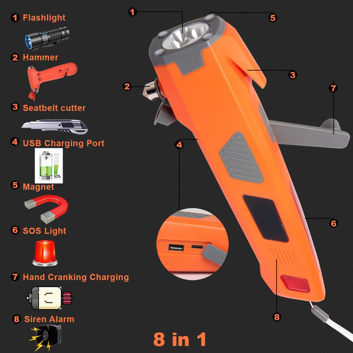 LUXON Emergency Tool,8-in-1 Car Safety Tool:Window Breaker,Seat Belt Cutter,LED Flashlight Rescue Tool USB Charger,SOS Light, Hand Cranking Charge, Magnetic for Vehicle Escape/Field Survival,Hiking