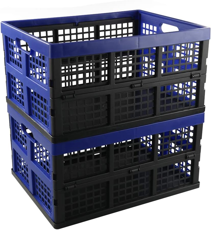 Hespama 35 QT Plastic Folding Milk Crates, Collapsible Storage Bins, 2 Pack