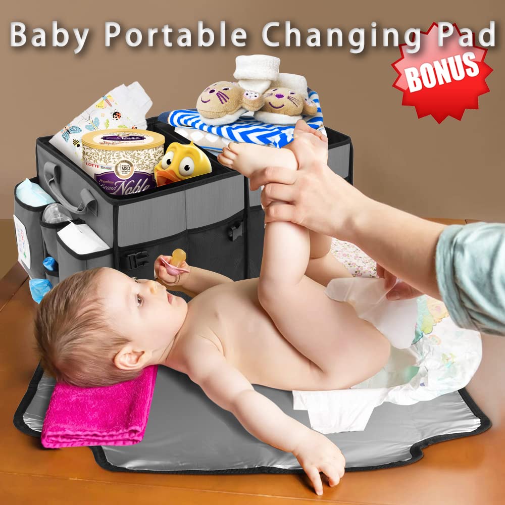 Collapsible Trunk Organizer &amp; Diaper Changing Station, Baby Diaper Caddy Organizer with Movable Dividers, Easy-to-Reach for Back Seat Travel Car Organizer, Waterproof Car Trunk Organizer Groceries