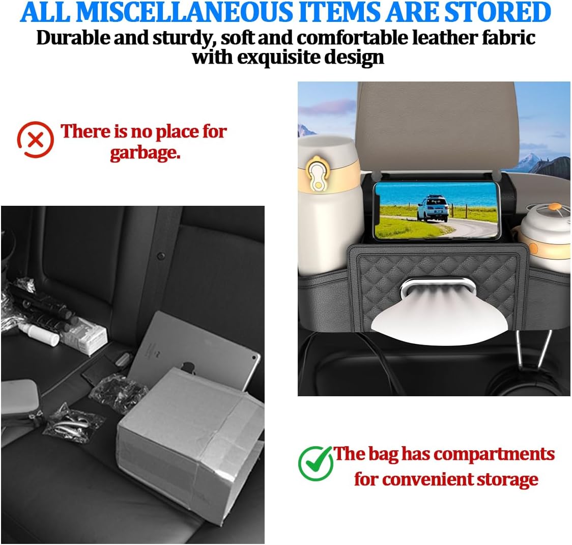Car Seat Back Organizer, Multifunctional Vehicle Headrest Storage Box with Hooks and Phone Holder, Automotive Backseat Tissue Cup Holder Accessories, Universal for SUV Sedan Truck (Black)