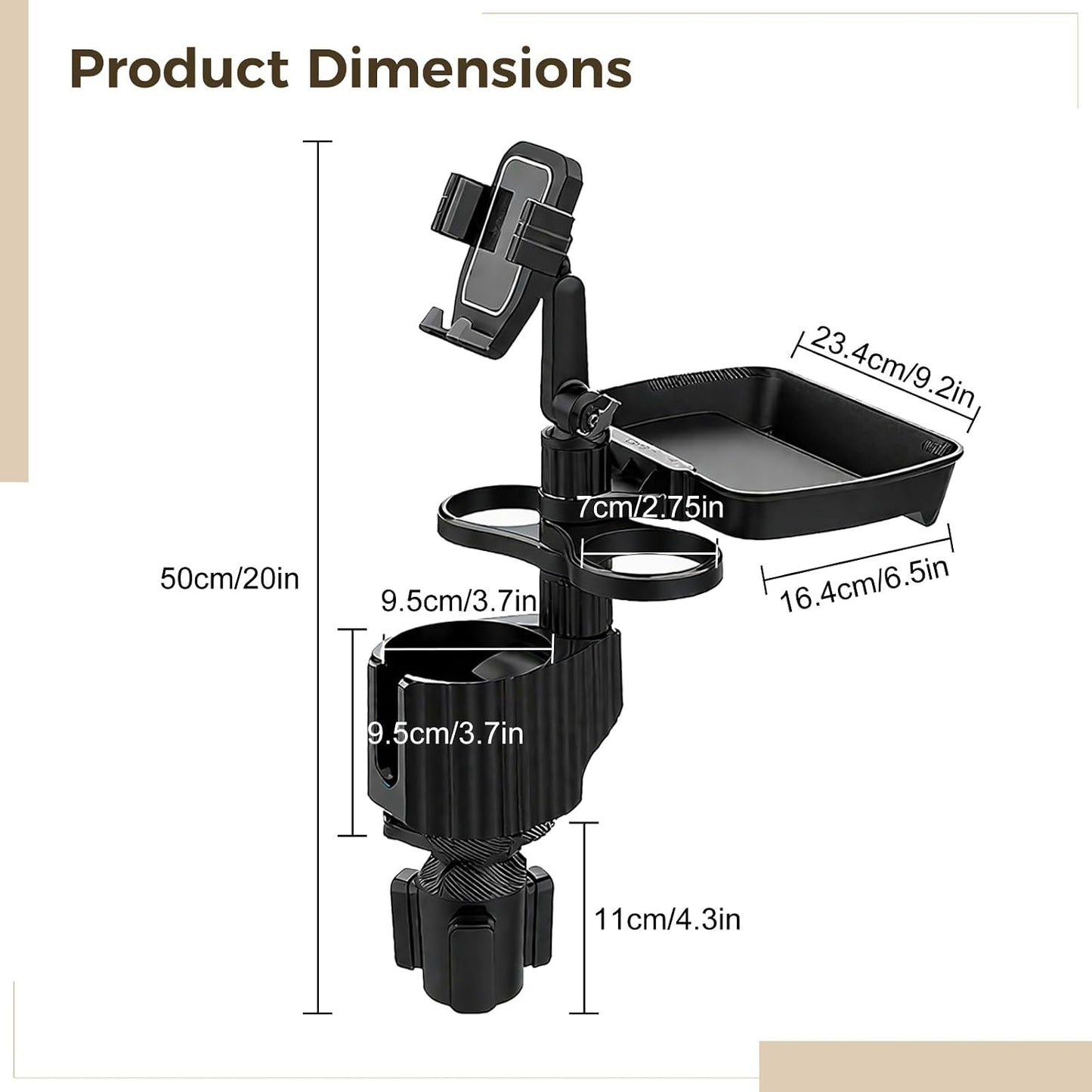 6-in-1 Car Cup Holder Expander with Tray & Phone Mount, Car Food Tray with 360° Rotation Adjustable Base, Car Cup Holder, Ideal for Drinks, Snacks, Foods
