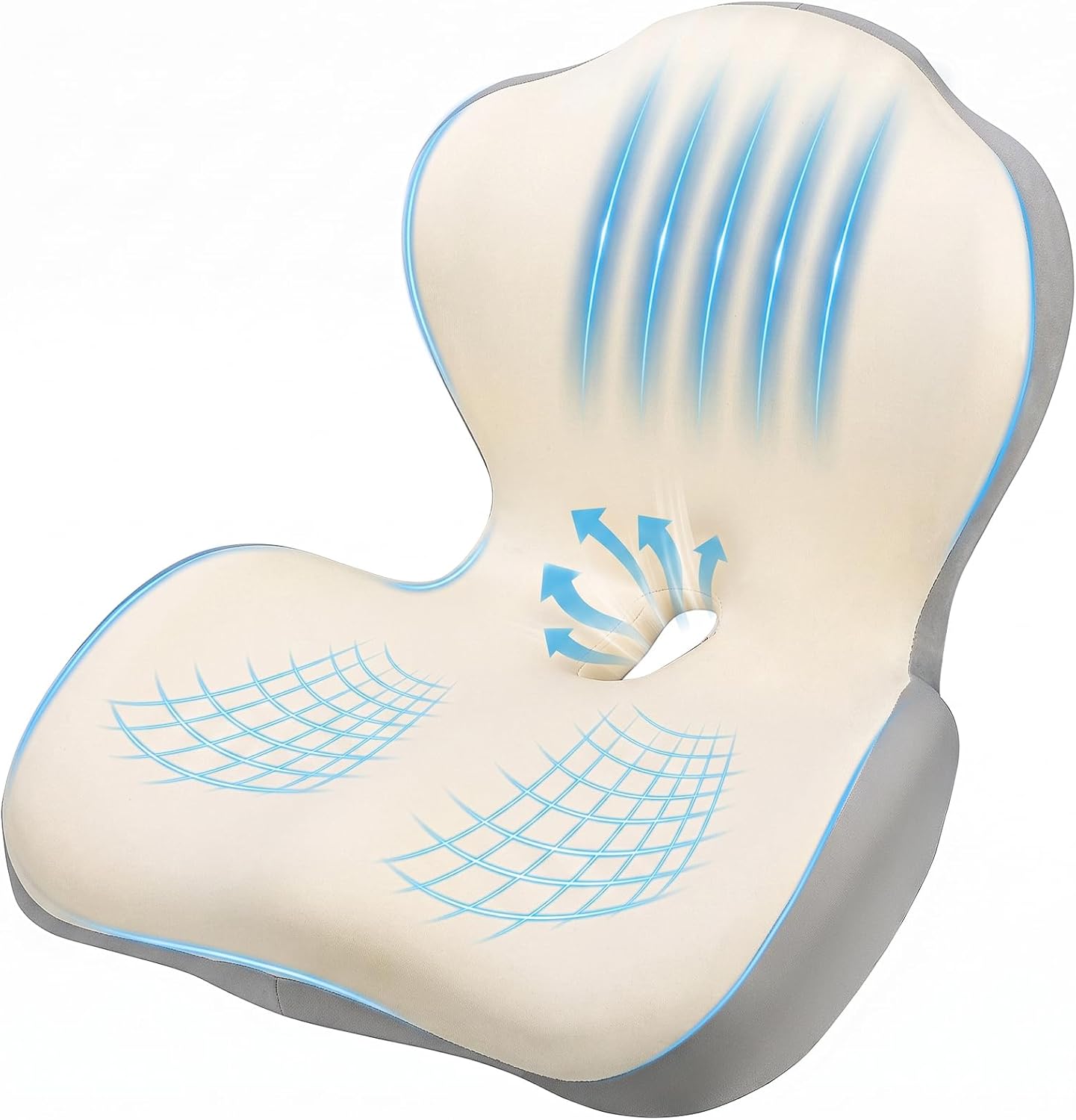 Car Seat Cushion with Lumbar Support Pillow, Memory Foam Office Chair Cushion for Back Pain Sciatica Pain Relief, Ergonomic L-Shaped Seat Cushion for Car Truck Driving Office Chair Home (White Gray)