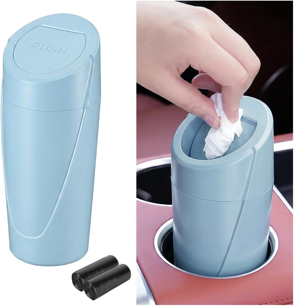 Car Trash Bin with Lid, Leak-Proof Portable Vehicle Cup Holder Garbage Can Dustbin with 2 Roll Trash Bags, Auto Interior Cup Holder Trash Bin Storage Organizer, Universal Fit (Black)