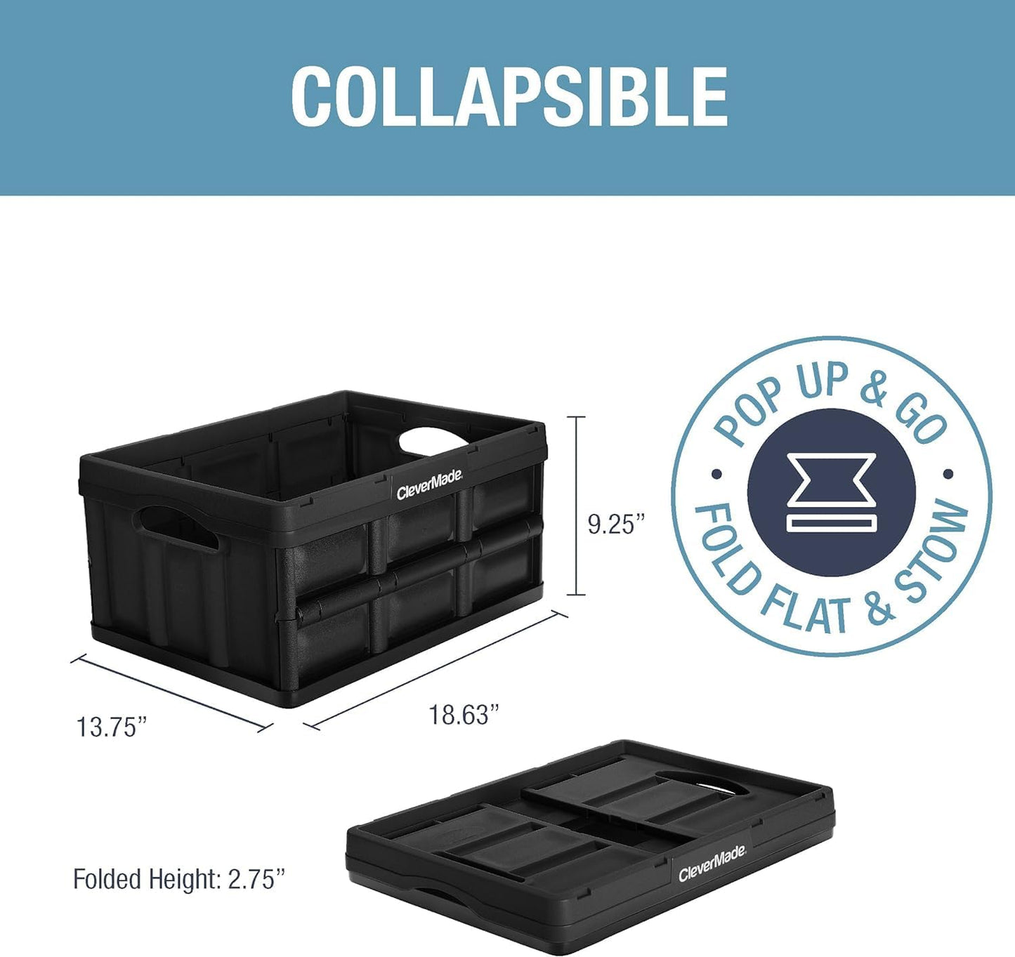CleverMade Collapsible Storage Bins, 32L 3 Pack, Durable Plastic, Obsidian | Built-in handles simplify garage, car and household organization, while the roomy open-top keeps bulky supplies accessible