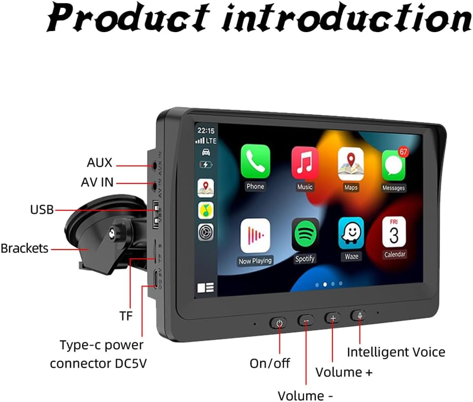 Wireless CarPlay Android Auto Screen, Portable Car Stereo 7 inch Touch Screen with Mirror Link, Bluetooth, FM Transmitter Music Video Player Built in Speaker+Reverse Camera