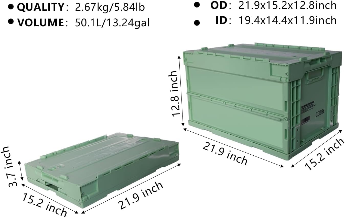 56QT Foldable Storage Box with Handles, Collapsible Plastic Organizer Bin for Home, Car Trunk, Outdoor Camping &amp; Travel, Eco-Friendly Khaki Container (21.9"x15.2"x12.8")