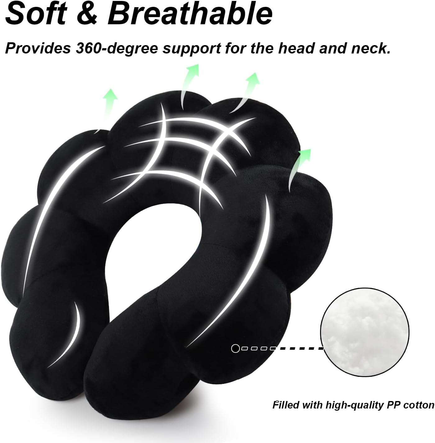 Sexysamba Flower Travel Neck Pillows for Airplanes Breathable Cotton U-Shaped Neck Pillow for Kids & Adults Head Neck Chin Support Rest Pillow for Traveling,Car,Train,Bus,Recline,Home,Office,Black