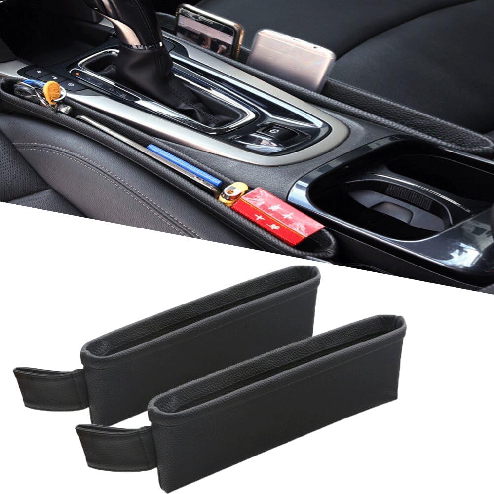 Tumecos Car Seat Pockets PU Leather Car Console Side Organizer Seat Catcher Holders Compatible with Phone Key Wallet Phone Sunglasses 2 Pack (Black)