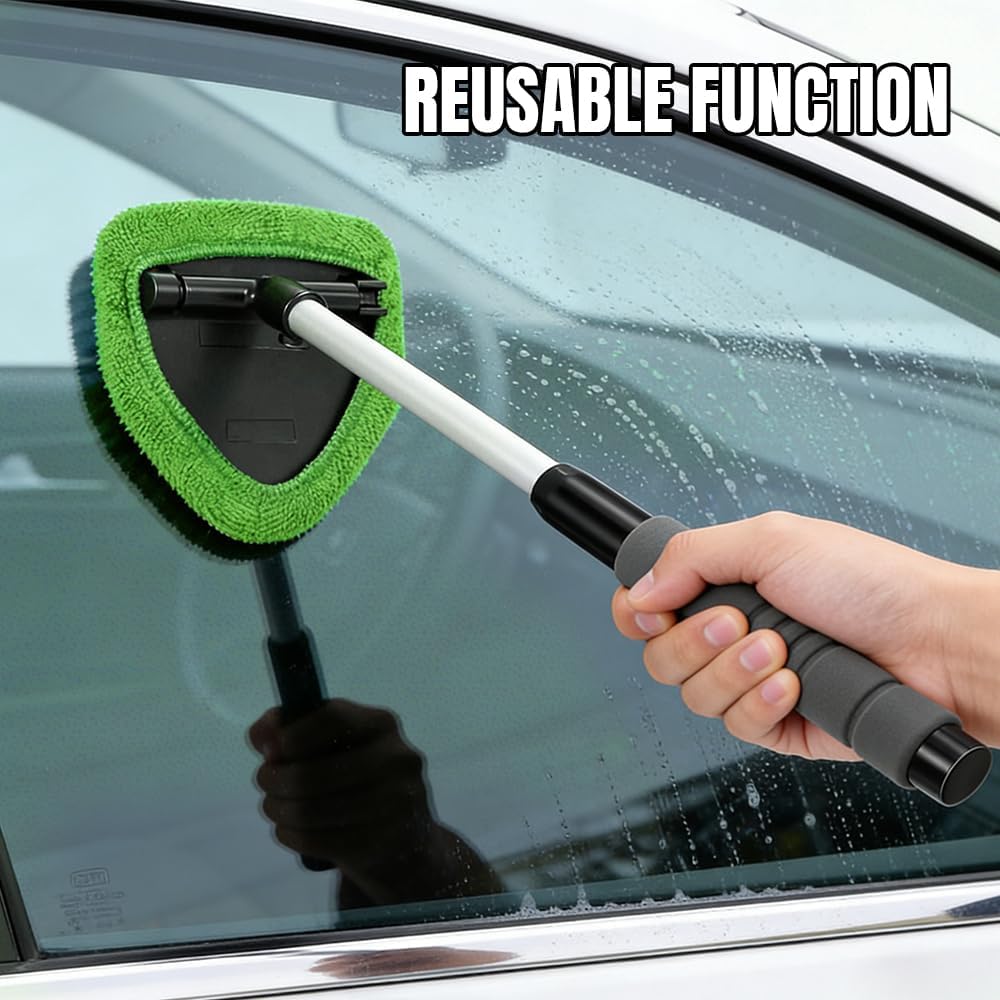 Windshield Cleaning Tool, Car Cleaning Window Tool, Car Interior Window Cleaning Kit with Extendable Handle & 4 Microfiber Pads, Auto Wiper Inside Windshield Brush for Windows (Green)