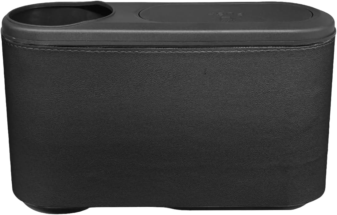 Craedli Car Trash Can with Lid, Leakproof Hanging Garbage Can Car Door Trash Bin with Cup Holder, Multipurpose Auto Interior Back Seat Storage Organizer for Home, Office (Black)