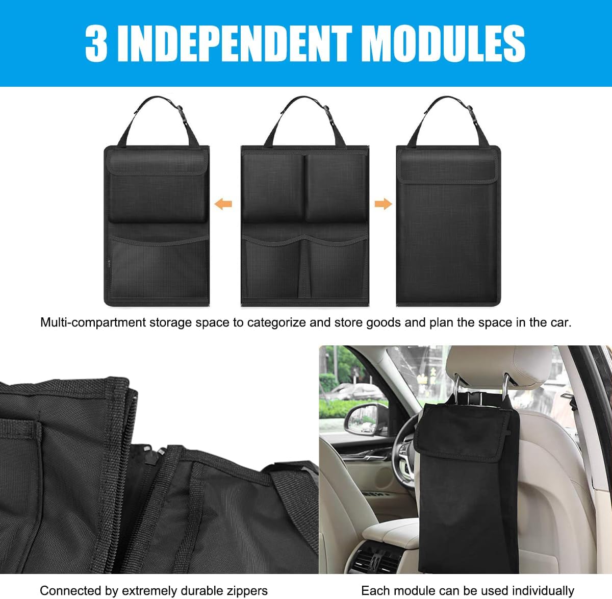 Hanging Car Trunk Organizer, Detachable Seat Back Storage Bag with Lids & 7 Large Pockets, Waterproof Space Saving Cargo Hanging Storage Container for Cars SUVs Vans (Black)