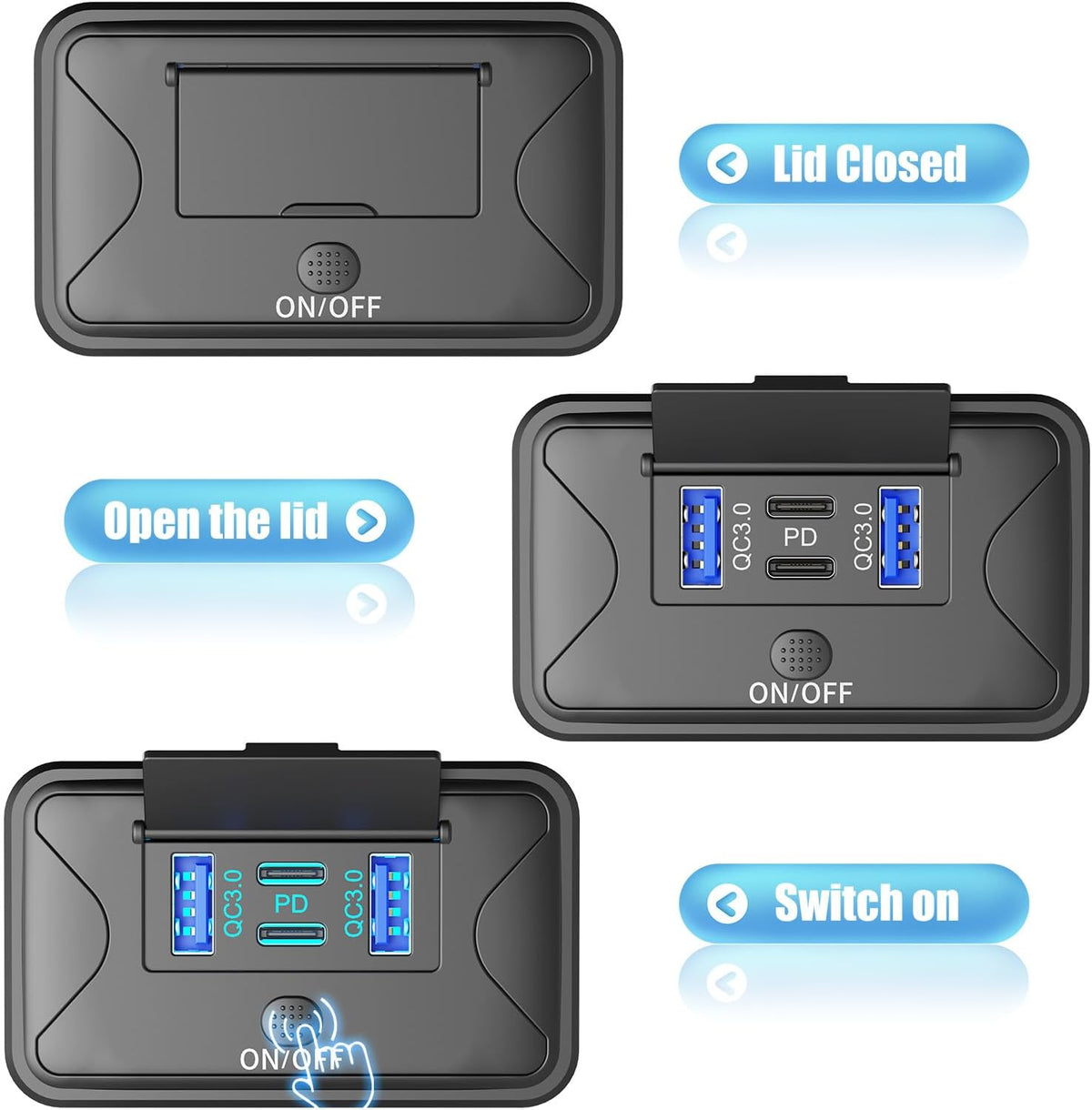 78W 4 Port 12V USB Outlet Wall Mount, Dual 36W PD & Dual 18W QC3.0 Lightweight Surface Mount Charger Socket Panel with Button Switch for Bus RV Truck Marine Golf Cart