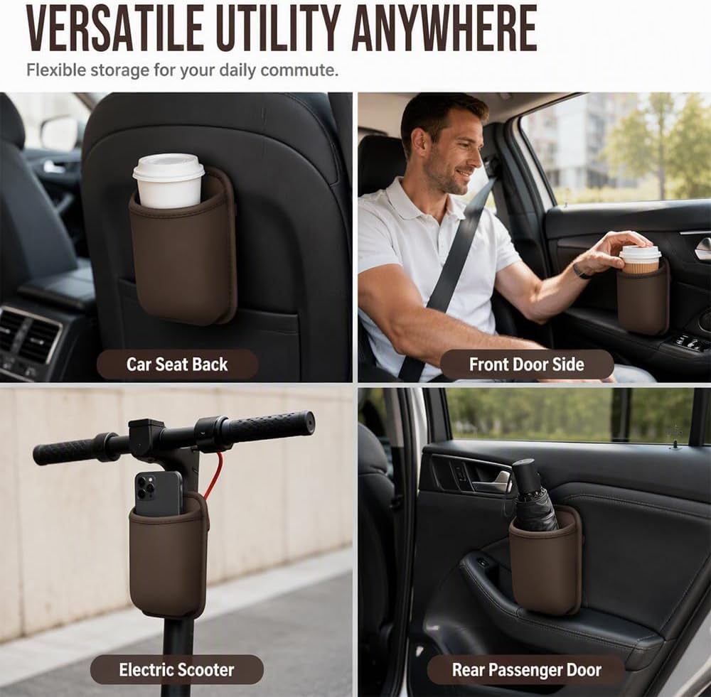 Leather Car Door Cup Holder Clip‑on Wide‑Mouth for Drinks & Phone，Black