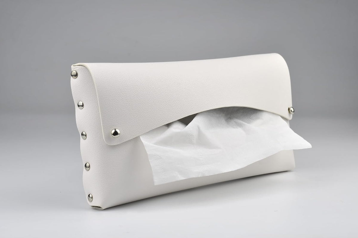 Car Tissue Holder, Tissue Case for Sun Visor, PU Leather Backseat Napkin Holder with Clips (White)
