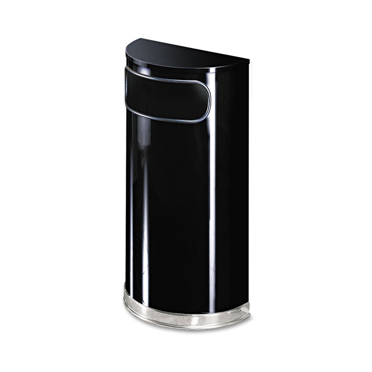 Rubbermaid Commercial Products European & Metallic Series Receptacle Half-Round Trash Can, 9-Gallon, Black/Chrome, Side Opening Indoor/Outdoor Waste Container for Lobby/Office/School/Restaurant