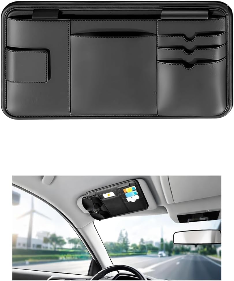Car Visor Organizer, Multi-Pocket Scratch-Resistant Vehicle Sun Visor Storage Pouch with Sunglass Holder, Sunshade Eyeglasses Card Holder Organizer Bag Car Accessories, Universal Fit
