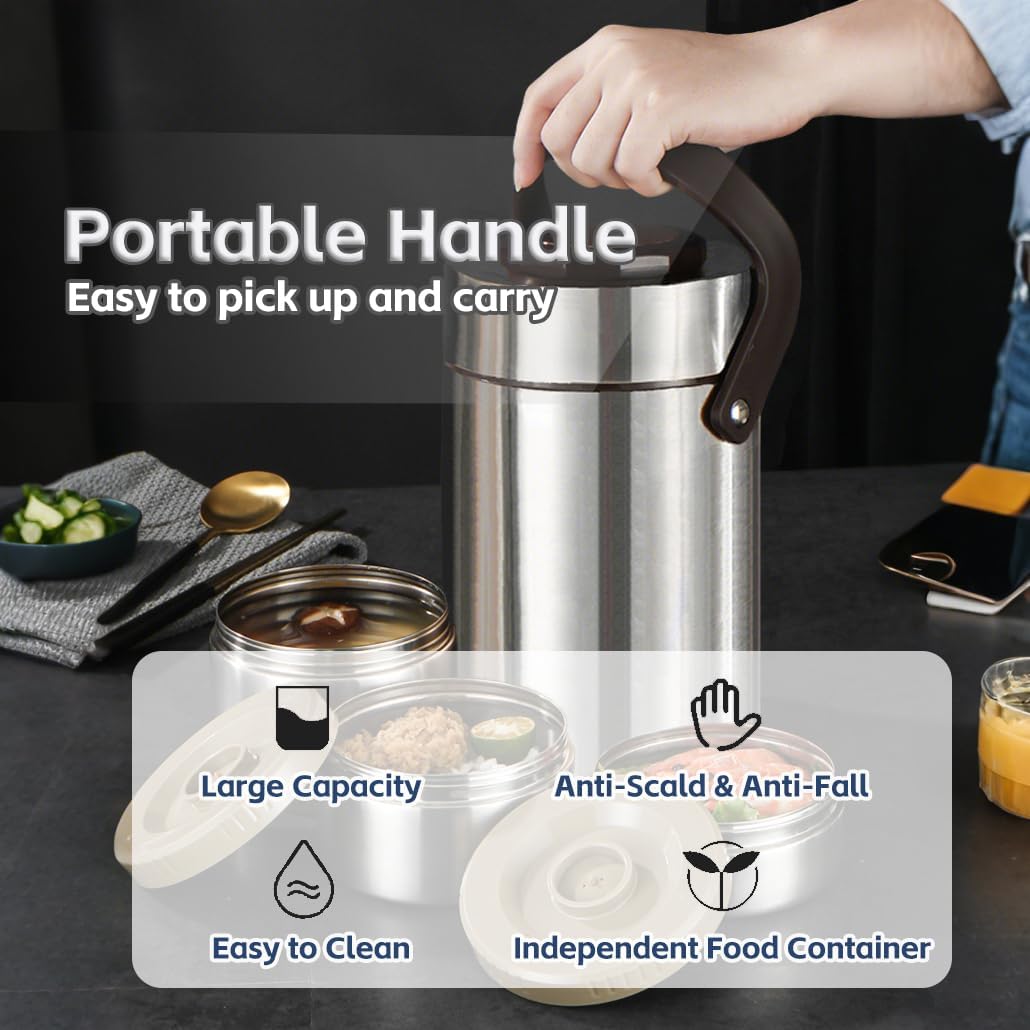 67oz Vacuum Insulated Food Container Set with 3 Stackable Compartments | Adults Thermal Lunch Box, Leak-Proof Stainless Steel Wide Mouth Thermal Food Jar for Hot Food, Office & Outdoor