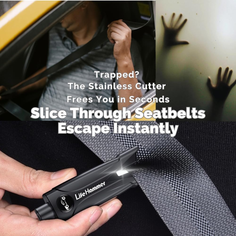 4-Pack Glass Breaker & Emergency Hammer – Heavy-Duty Car Window Breaker Tool for Underwater Escape, Shatters Tempered Glass with Safety Spring, Includes Seatbelt Cutter for New Cars (Black)