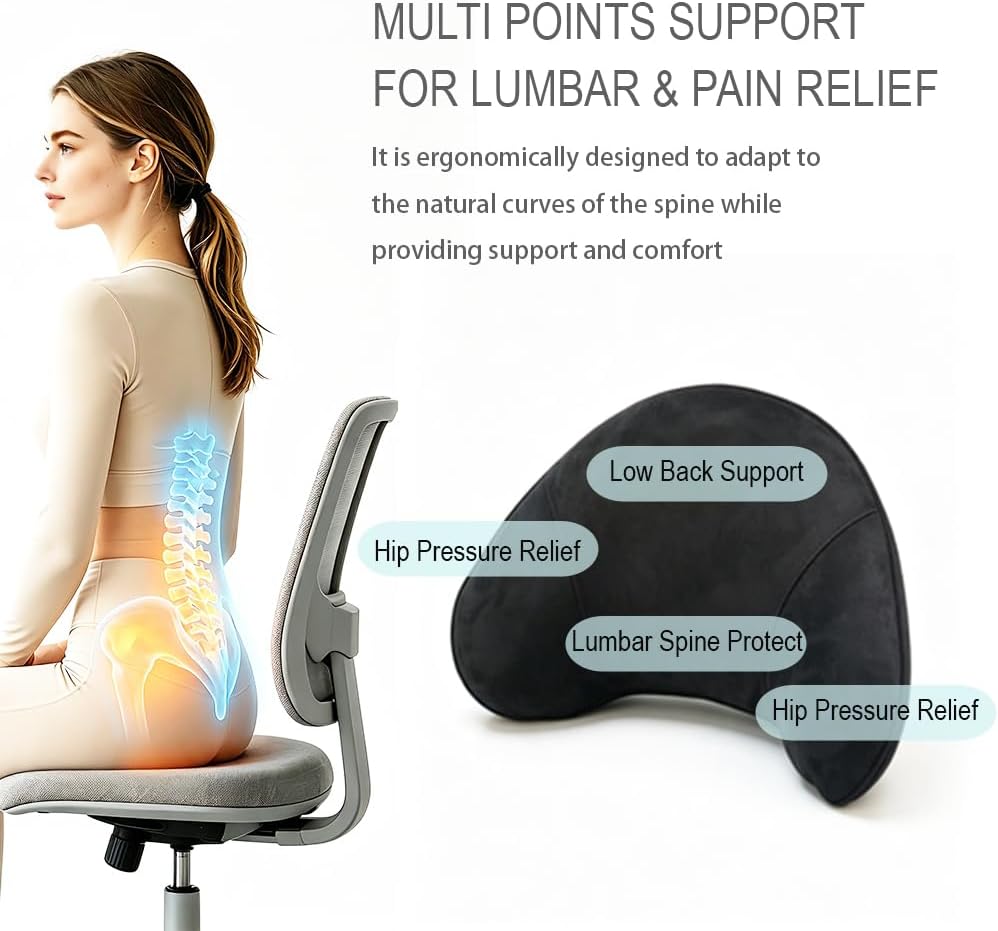 Ergonomic Lumbar Support Pillow for Car Office Home Lower Back Relief Black