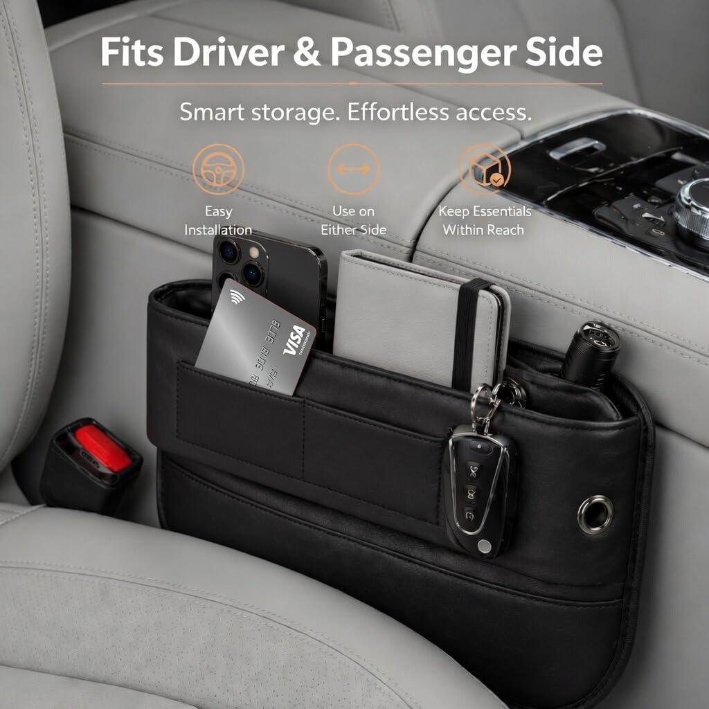 Car Seat Gap Organizer - Premium PU Leather Gap Filler with Storage Pockets, Universal Fit for Car, Truck, SUV - Prevents Phone, Keys from Falling Between Seats, Black