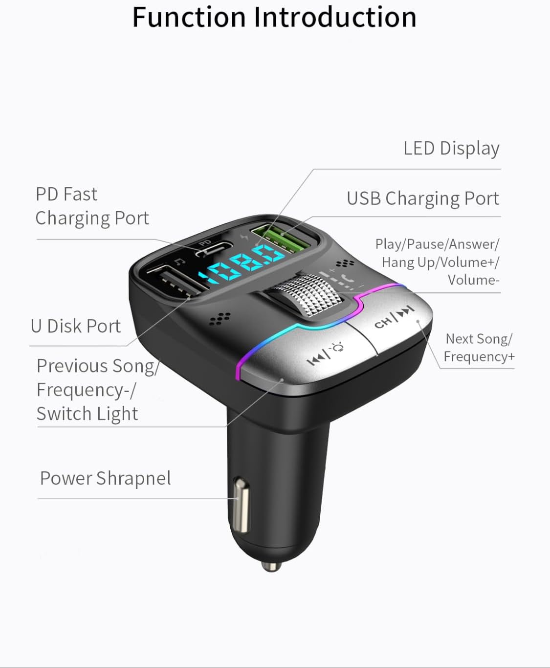 USB C Bluetooth 5.3 Car Adapter for Hands-Free Calling & Fast Charging, Wireless FM Transmitter Audio Receiver with USB Playback and 7-Color LED Backlit, Type-C PD Charger for All Cars