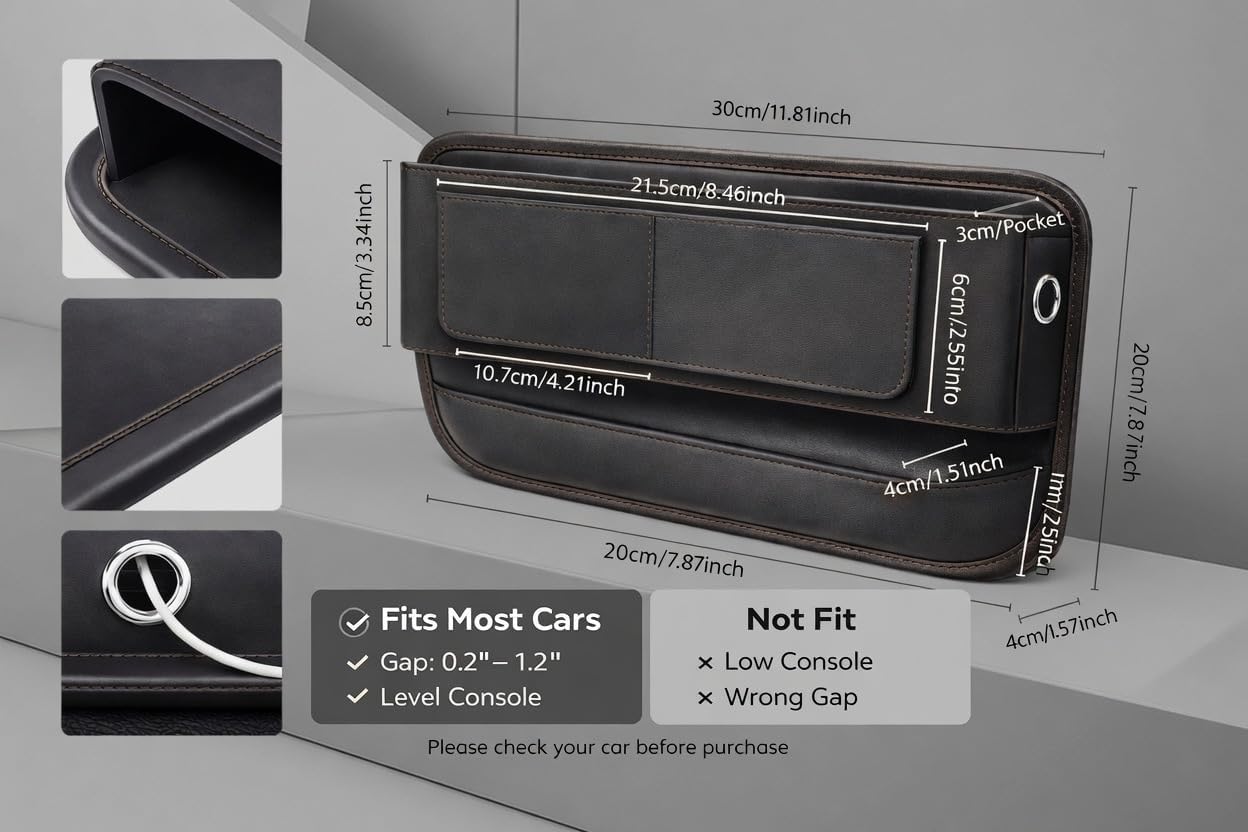 Car Seat Gap Organizer - Premium PU Leather Gap Filler with Storage Pockets, Universal Fit for Car, Truck, SUV - Prevents Phone, Keys from Falling Between Seats, Black