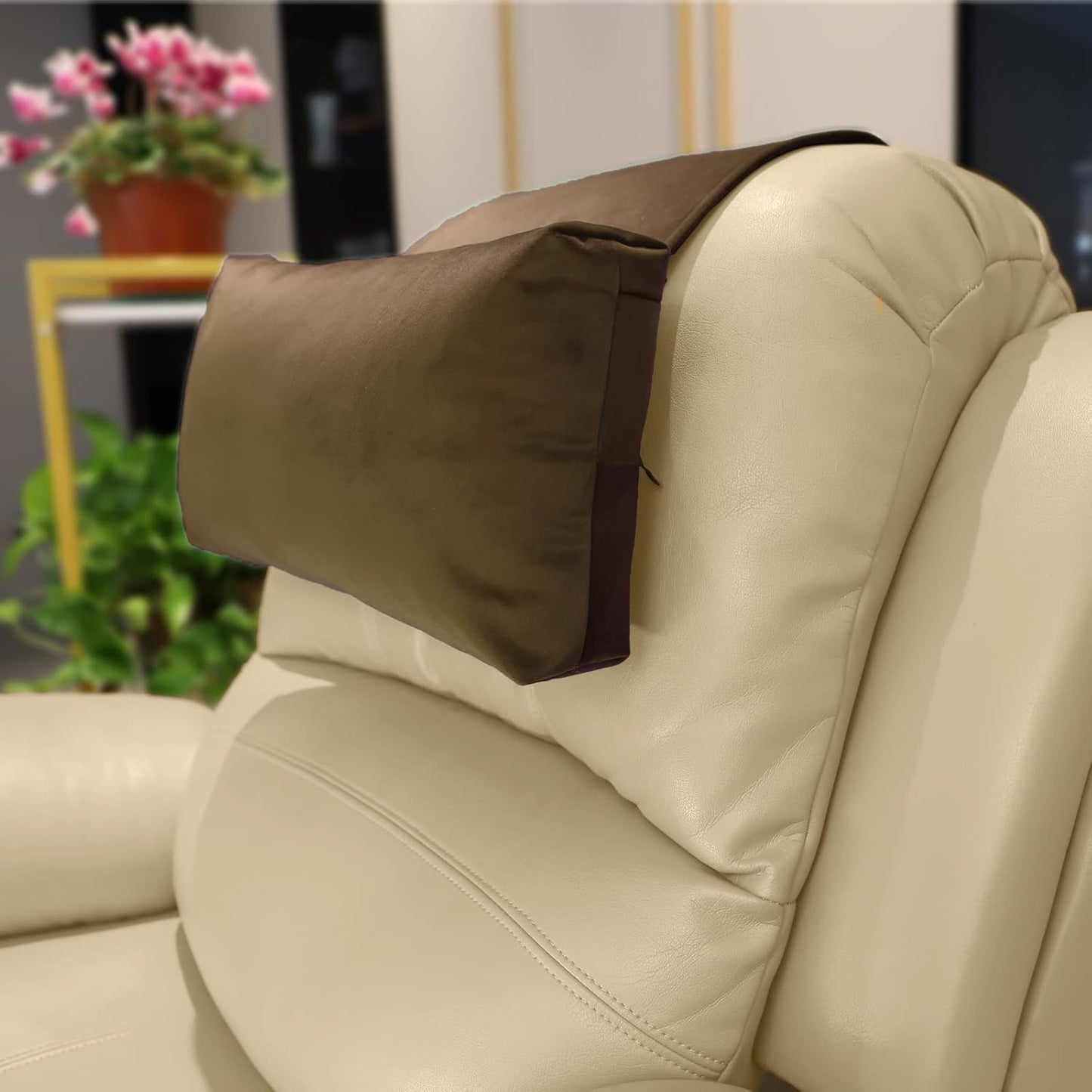 Non-Slip Head Pillow for Recliners - Neck Support Cushion with Velvet Cover for Pain Relief at Home, Office and Travel (Camel)