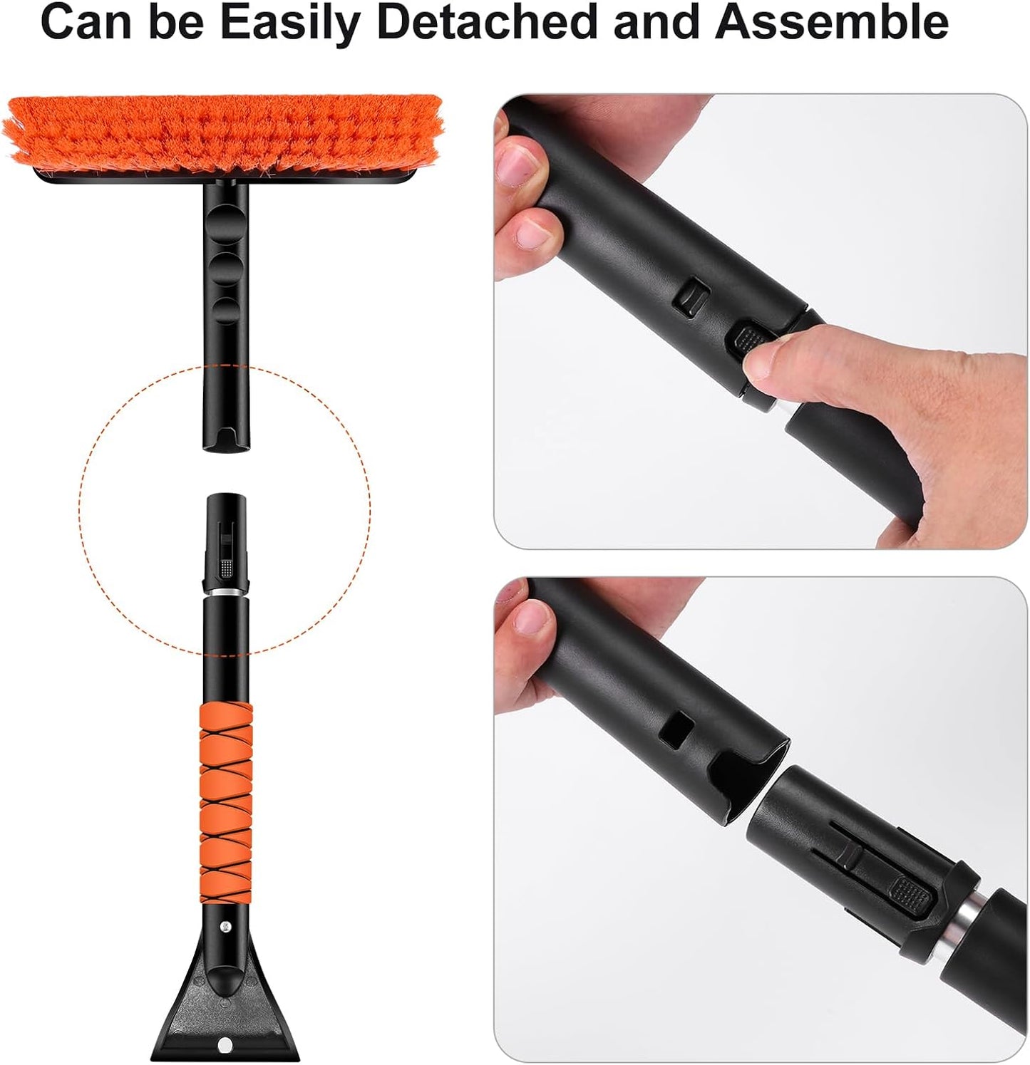Odoland 33" Extendable Snow Brush with Detachable Ice Scraper for Car Windshield with Foam Grip and 360° Pivoting Brush Head for Christmas Car Auto Truck SUV, Orange