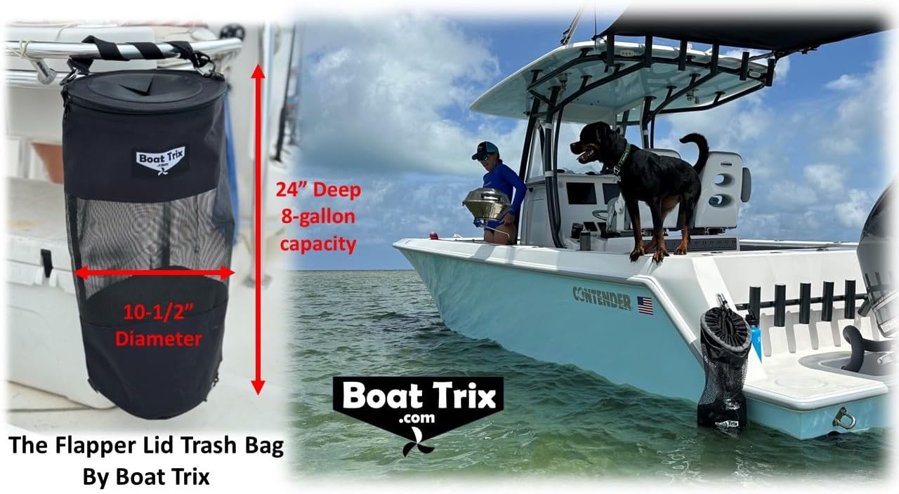 Boat Trash Bag Garbage Waste Can Reuseable Washable Mesh and Nylon/Polyester by Boat Trix Multiple Sizes and Models (Flapper Lid, Large)