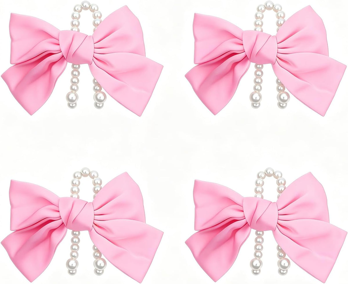 4 Pcs Satin Bow Pearl Car Seat Headrest Hook Cute Car Accessories for Women Coquette Bowknot Vehicle Hooks for Purses and Bags Universal for SUV, Sedan, Truck (Pink)