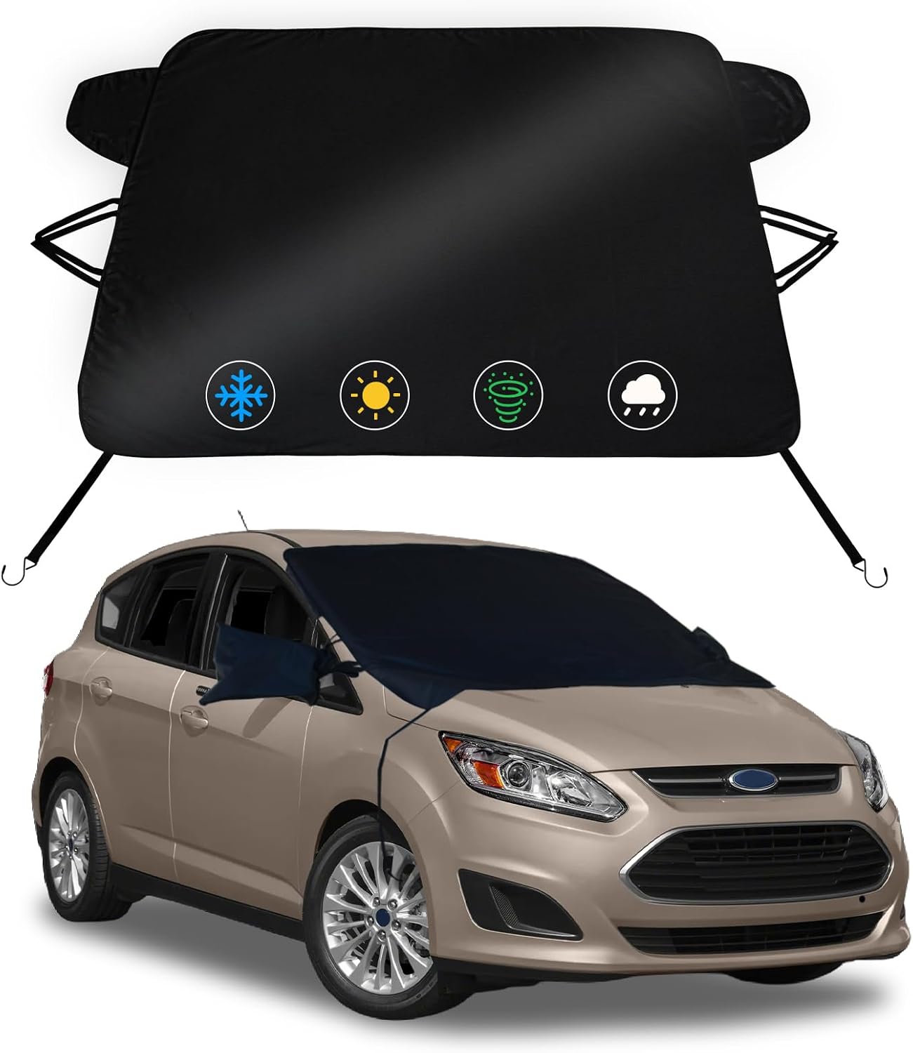 Windshield Snow Cover for Ford C-Max 2013-2018, Waterproof 2-Layer Oxford Fabric Winter Frost and Ice Removal with Side Mirror Covers, Winter Accessories Freeze Protector for Auto Car SUV
