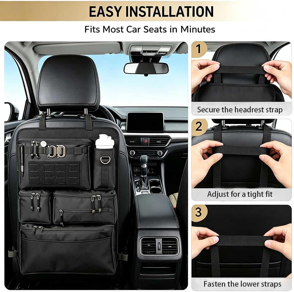 Heavy Duty Tactical Car Seat Back Organizer, Seat Back Protector with Multi Storage Pockets, All-in-One Behind Seat Storage Bag for Car, Organize Tools, Camping Gear, Travel Essentials (Black)