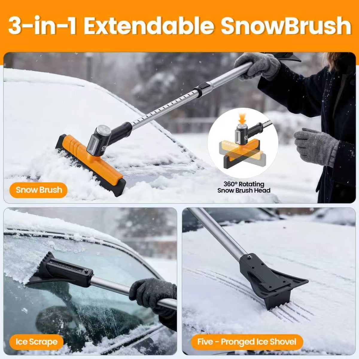 Ice Scrapers for Car Windshield & Snow Brush for Car, 3-in-1 Extendable Snow Brush 12 Adjustable Lengths with Detachable 360° Pivoting Head, Extendable Snow Brush for Truck SUV (24.4"-37.4")