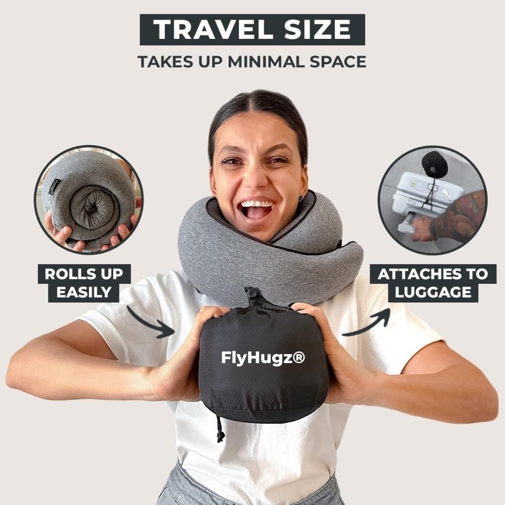 FlyHugz® Neck Travel Pillow Memory Foam Neck Pillow for Comfort on Airplane Compact and Ergonomic Design for Travel, Car Rides, and Home Use Ideal for Adults and Kids.