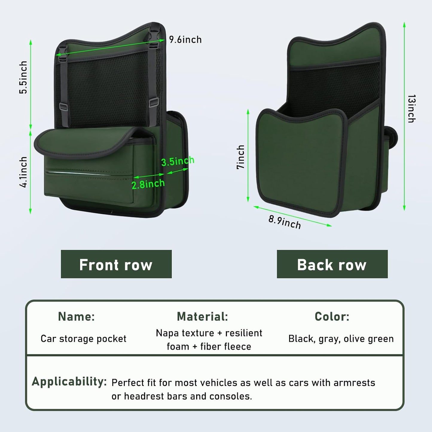 Ohleats Car Organizer Storage Between Seats, Nappa Leather Auto Handbag Holder for Document Phone Storage, Large Capacity Automotive Console Pocket Purse, Car Accessories (Green)