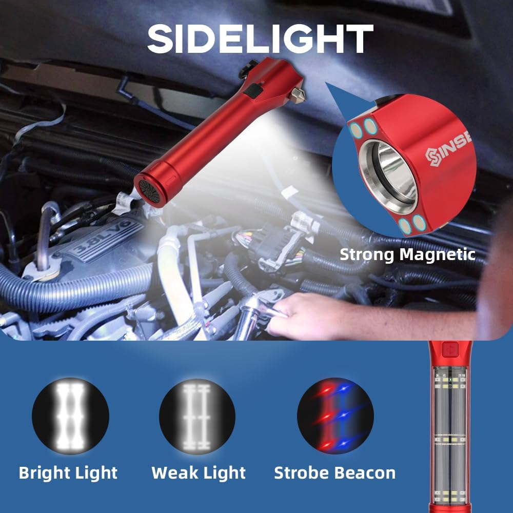 SINSEN Emergency Flashlight for Car, Seatbelt Cutter Window Breaker, 16-in-1 Multifunctional Safety Tool—Glass Hammer/Bright Solar Torch/Rechargeable/Rescue Alarm & Beacon/Repair Magnet