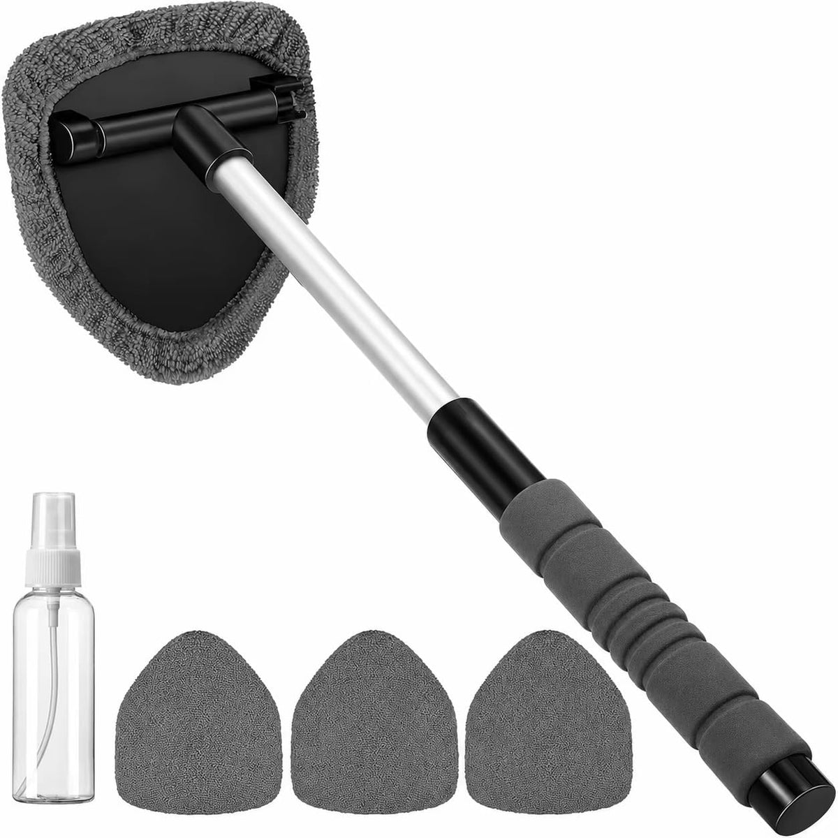 Windshield Cleaning Tool with Extendable Handle, Car Interior Window Cleaner Kit with 4 Reusable Microfiber Pads, Inside Windshield Cleaner for Auto & Home Glass (New) (Green)