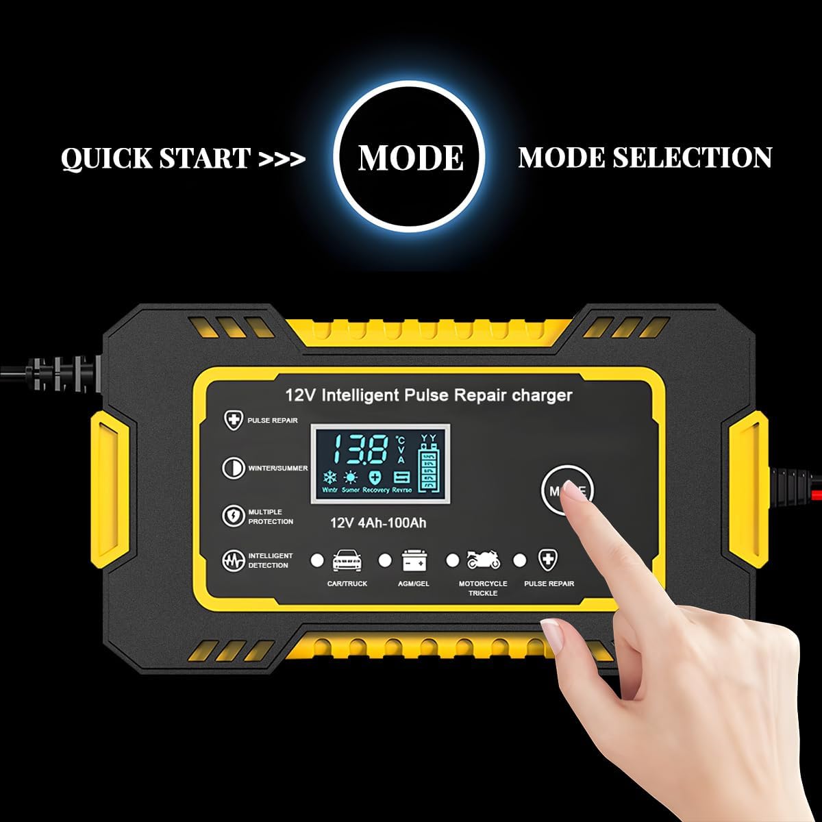 Car Battery Charger, 12V Automatic Smart Vehicle Battery Trickle Charger with Overcharge Protection & Temperature Compensation, Automotive Power Maintainer Desulfator, Universal Fit (Yellow)