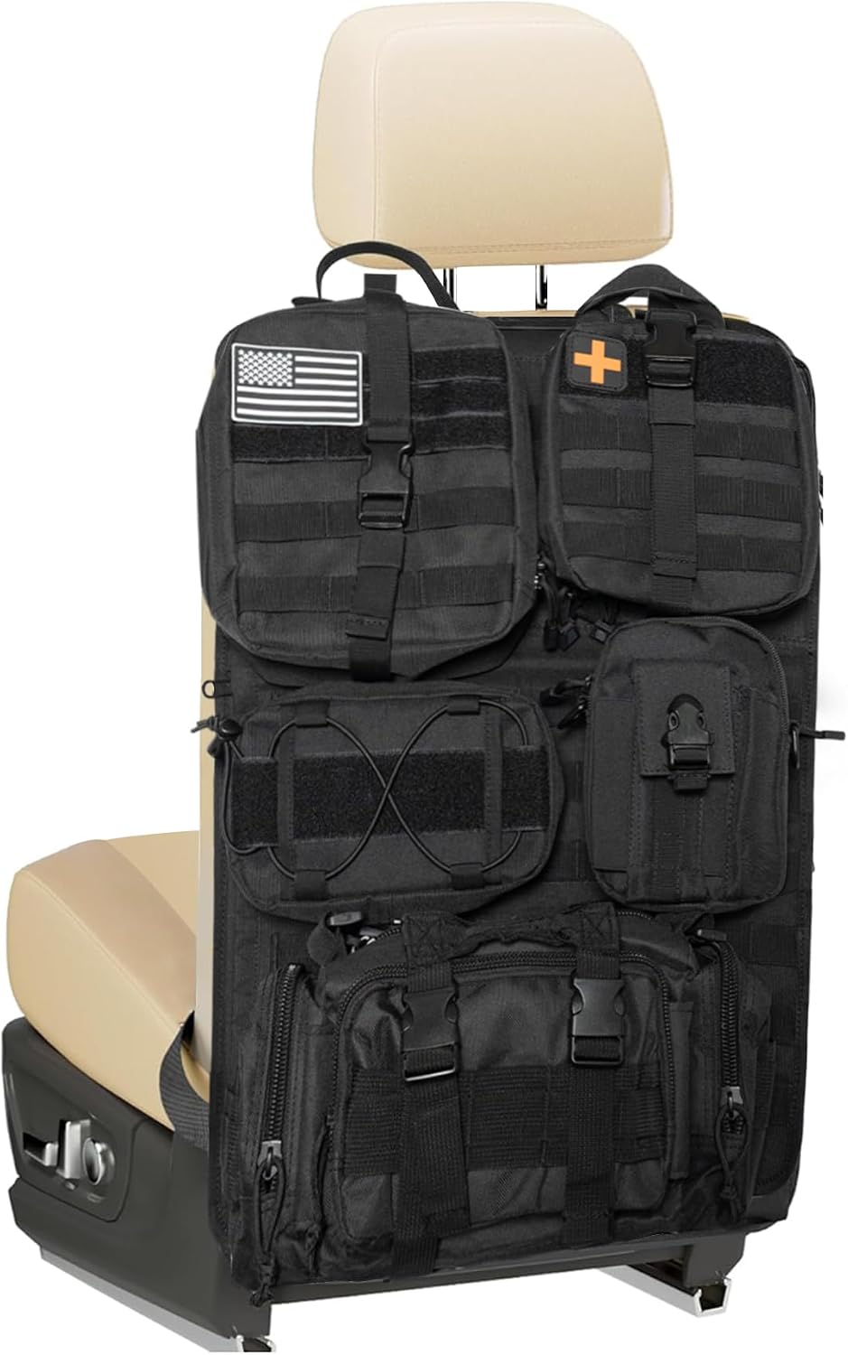 Tactical Seat Back Organizer, Molle Car Seat Organizer Panel with 5 Detachable Molle Pouch for Car Truck Ford Jeep Vehicle, Military Grade Storage Panel Backseat Protector for Man, Black