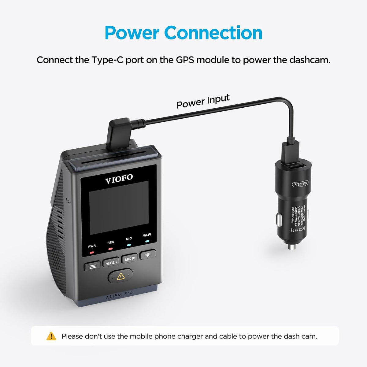 VIOFO D5000 Type-C USB Cigarette Charger with 11.4ft(3.5M) Power Cable