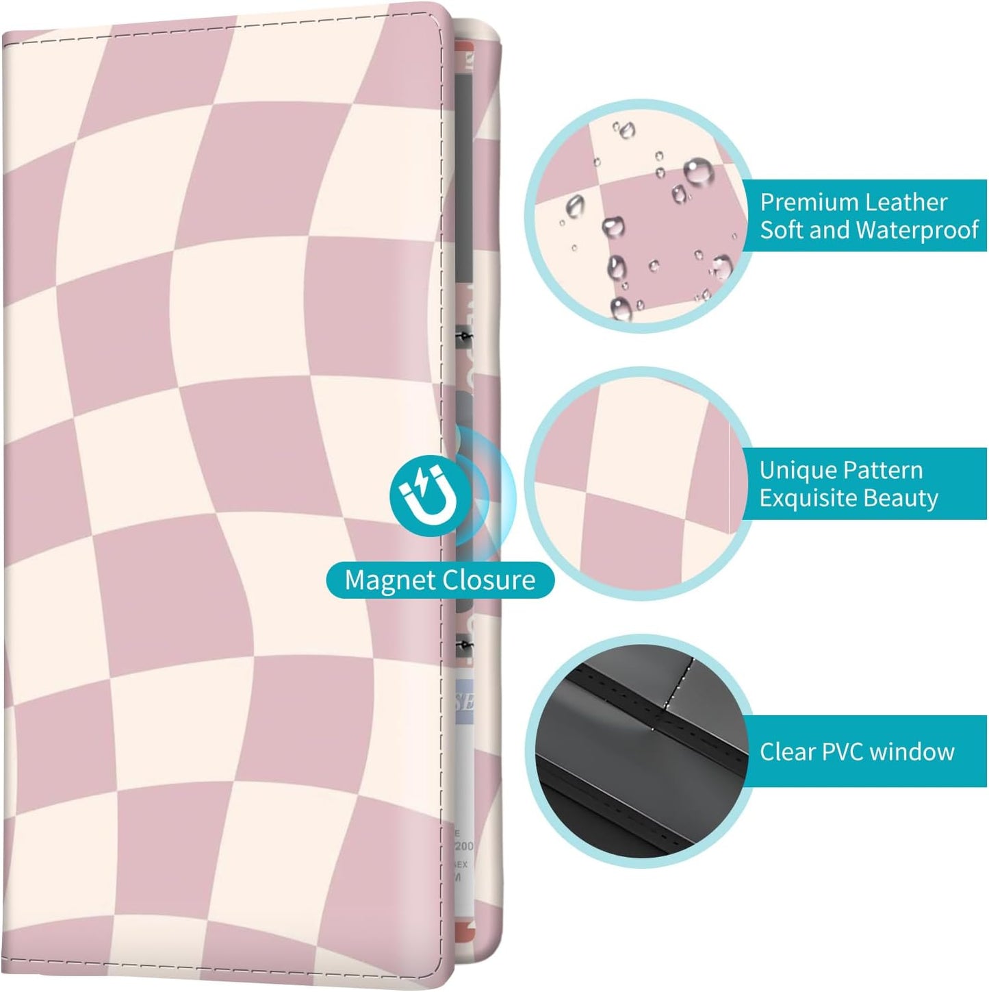 Car Registration and Insurance Holder with Magnetic Shut, Cute Vehicle Glove Box Car Organizer, Premium Interior Car Accessories for Women Men Pink Cute Checkerboard