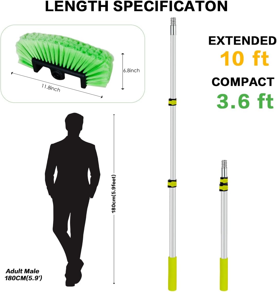 10FT Car Wash Brush with Long Handle, Car Cleaning Kit with Telescoping Pole and Soft Bristles Cleaning Brush, Detailing Brushes, Wheel Brush, Car Wash Sponge & Towel for RV, Trucks, SUV, House Siding