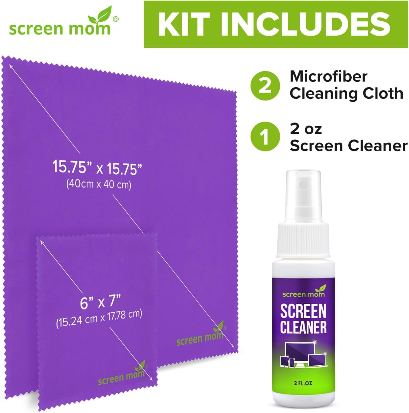 Screen Cleaner Spray and 2 Microfiber Cloths - 2oz Bottle by Screen Mom-Screen Cleaner Spray and Wipe for TV, Computer, Phone, iPad, Car Screen Cleaning Kit Electronic Cleaner Spray