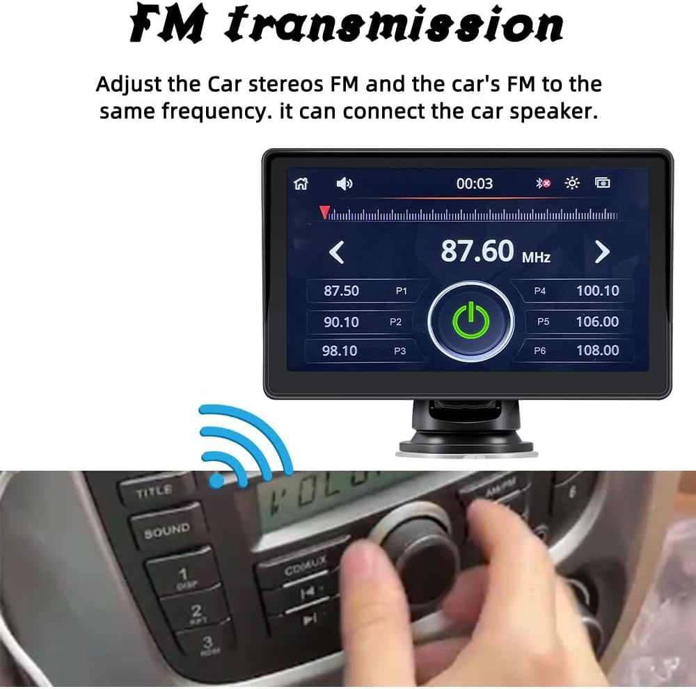 Sunweyer Car Television Wireless Carplay& Android Auto Screen, Portable Car Stereo,7 inch IPS Touchsreen Display, Support 1080p Backup Camera & Bluetooth/AUX/FM Transmitter