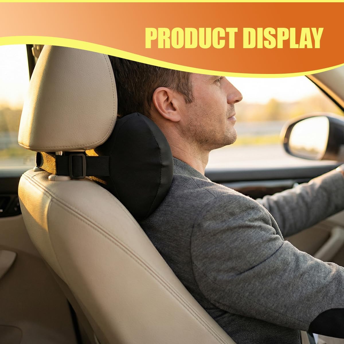 Car Headrest Pillow, Soft Memory Foam Car Neck Support Pillow for Pain Pressure Relief, Breathable Auto Interior Head Rest Cushion with Adjustable Strap for Comfortable Driving (Black)