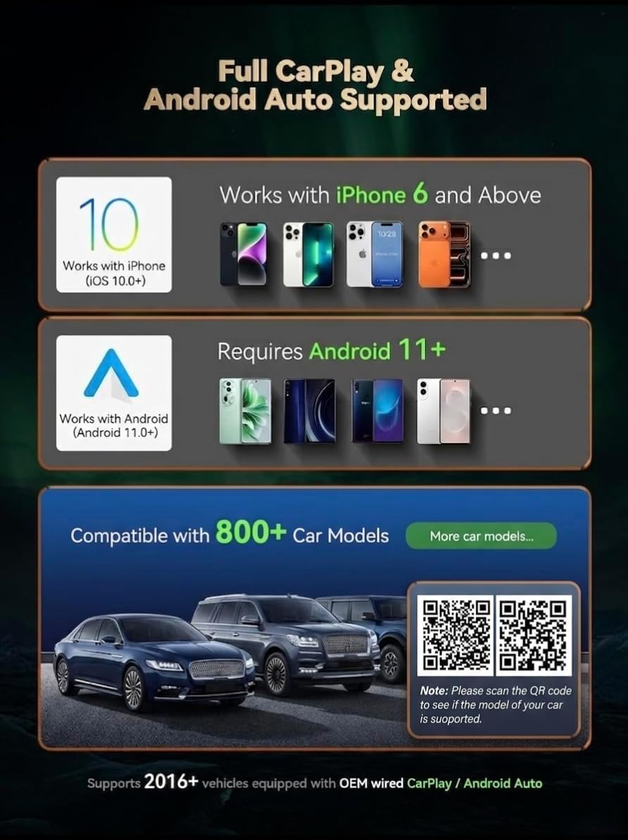 2026 Wireless CarPlay & Android Auto Adapter – 2-in-1 Plug & Play Dongle, Converts Wired to Wireless, Auto Reconnect, Low Latency, for iOS 10+ & Android 11+ with Factory Wired CarPlay