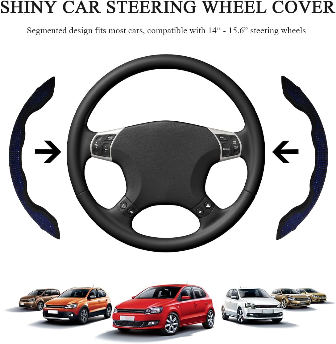2PCS Steering Wheel Cover, Sparkling Rhinestone Segmented Steering Wheel Protector Fit 14-15.6 Inch, Non-Slip Wheel Wrap Cover Bling Car Interior Accessories for Women Girls (Blue)